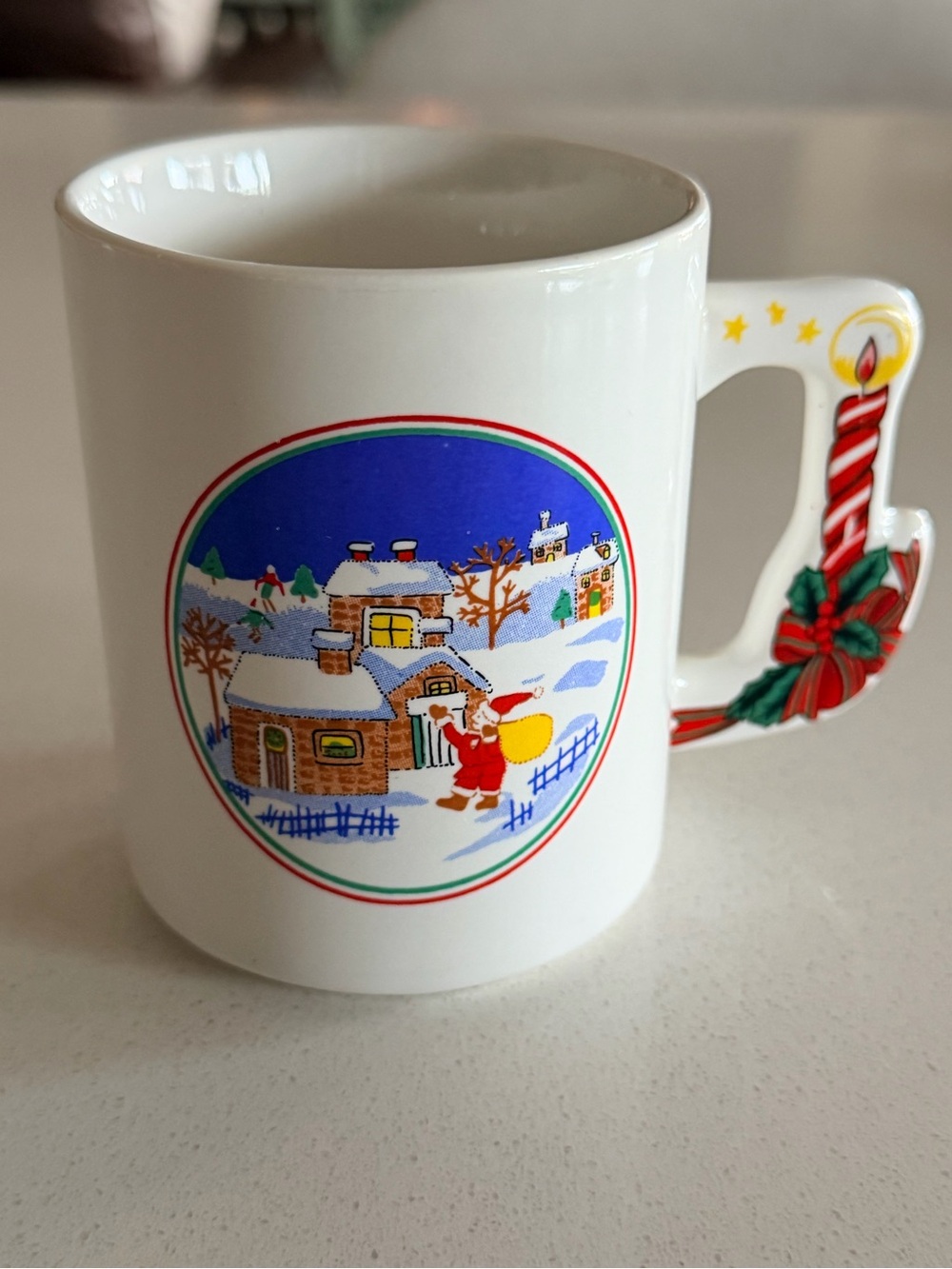 Enesco 1989 Festive White Holiday Mug with Santa Scene